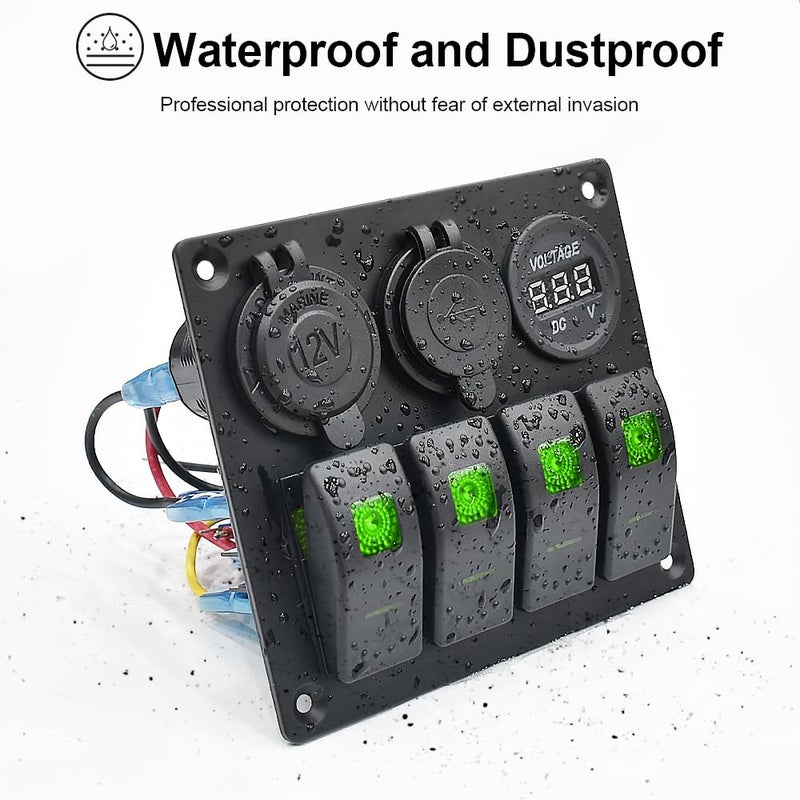 Garfour Green Waterproof Boat Rocker Switch Panel 3.1A Volt Dual USB Socket LED Light Voltmeter Cigarette Lighter Socket 4 Bang Rocker Switch Panel for Car RV SUV Boat - Image 2